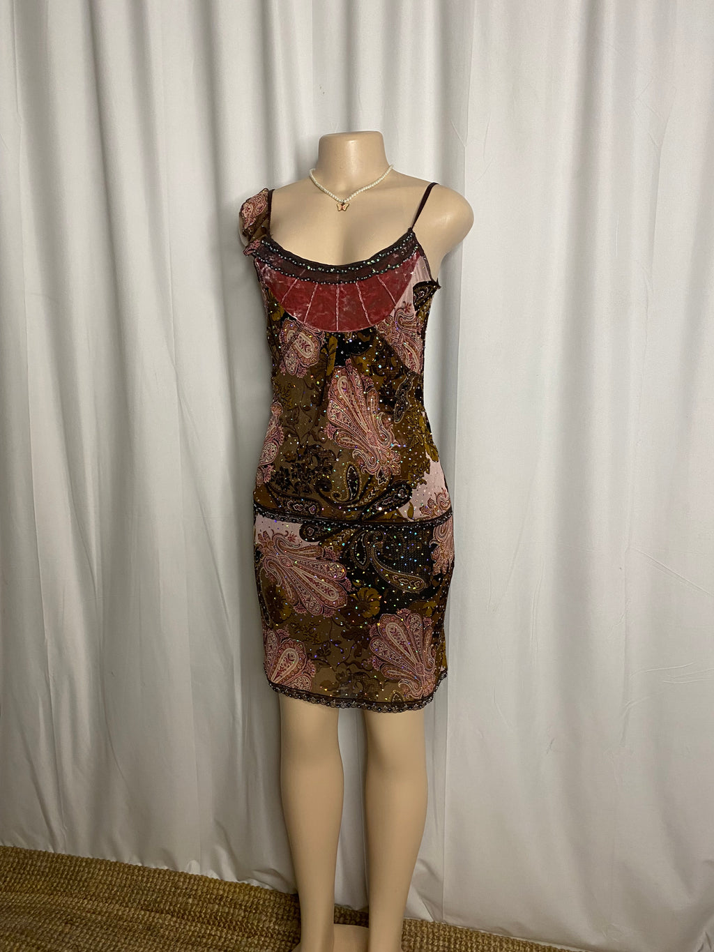 Y2K Earthy Paisley Sequined Asymmetrical Mini Dress  Size S