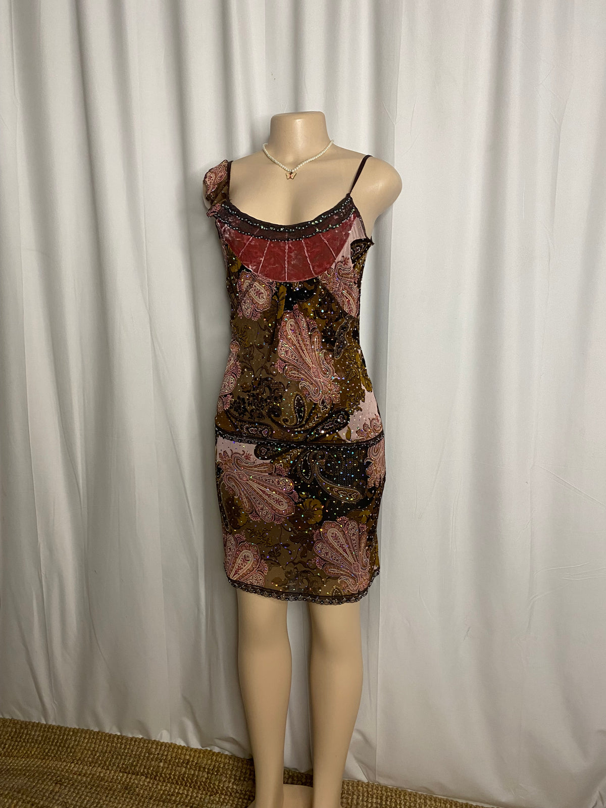 Y2K Earthy Paisley Sequined Asymmetrical Mini Dress  Size S