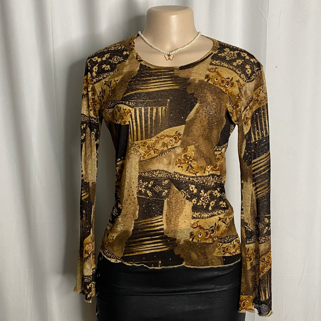 Abstract Patchwork Glitter Print Sheer Mesh Top  Size M