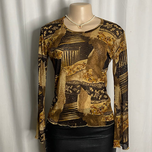 Abstract Patchwork Glitter Print Sheer Mesh Top  Size M