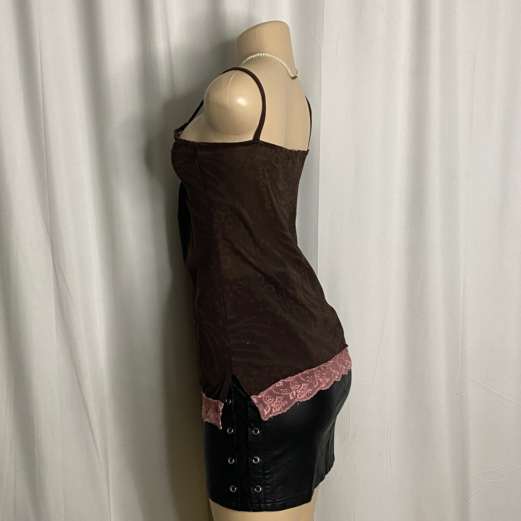 Vintage Y2K Chocolate & Pink Lace Cami Size L