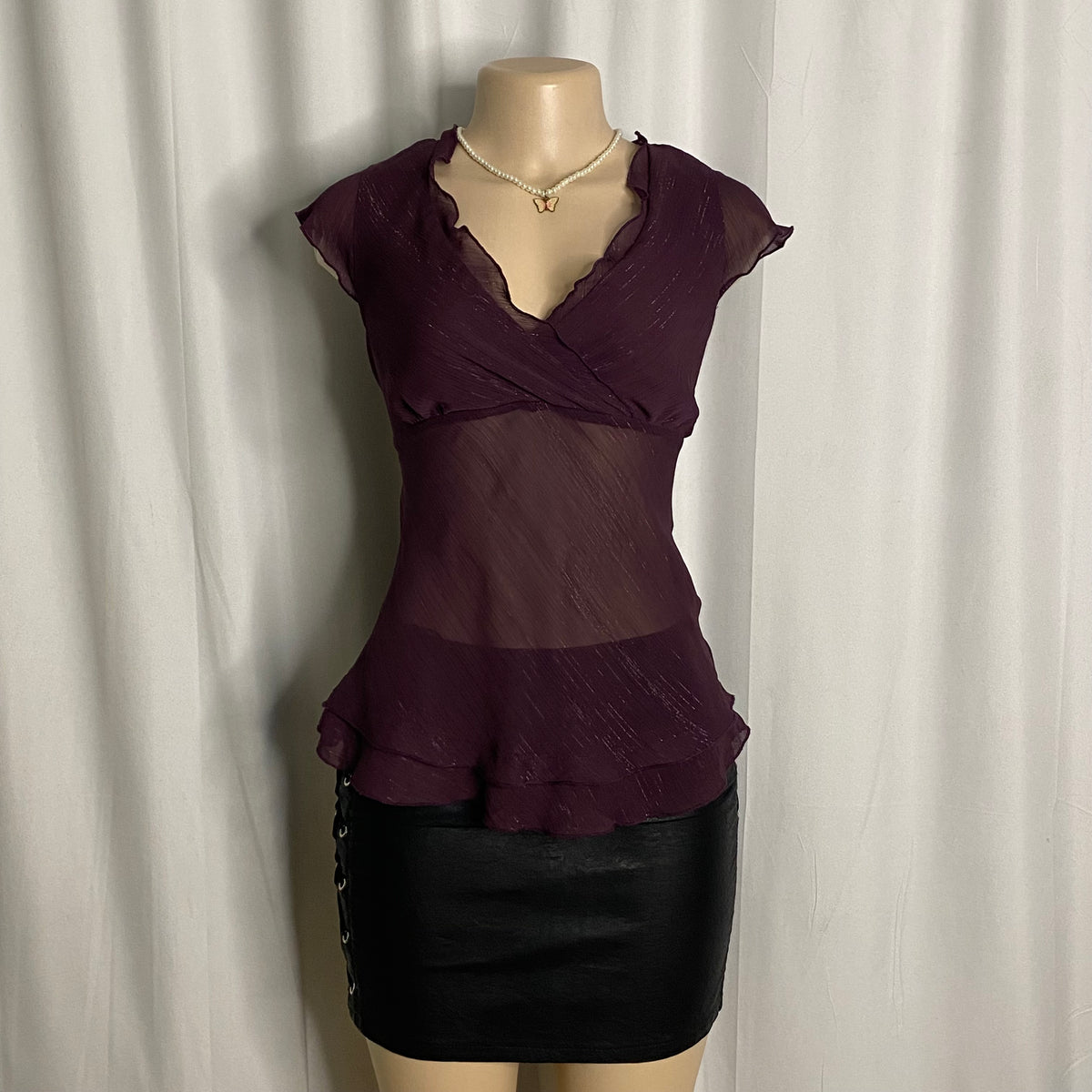 Vintage Plum Shimmer Chiffon Ruffle Wrap Blouse  Size S/M