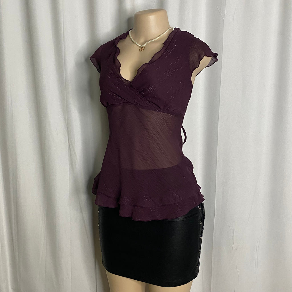 Vintage Plum Shimmer Chiffon Ruffle Wrap Blouse  Size S/M