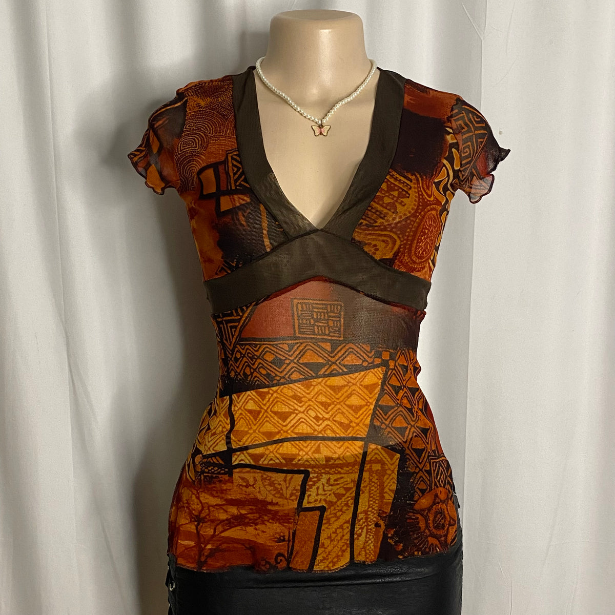 Vintage Earth-Tone Geometric Mesh Empire Waist Top Size XS/S