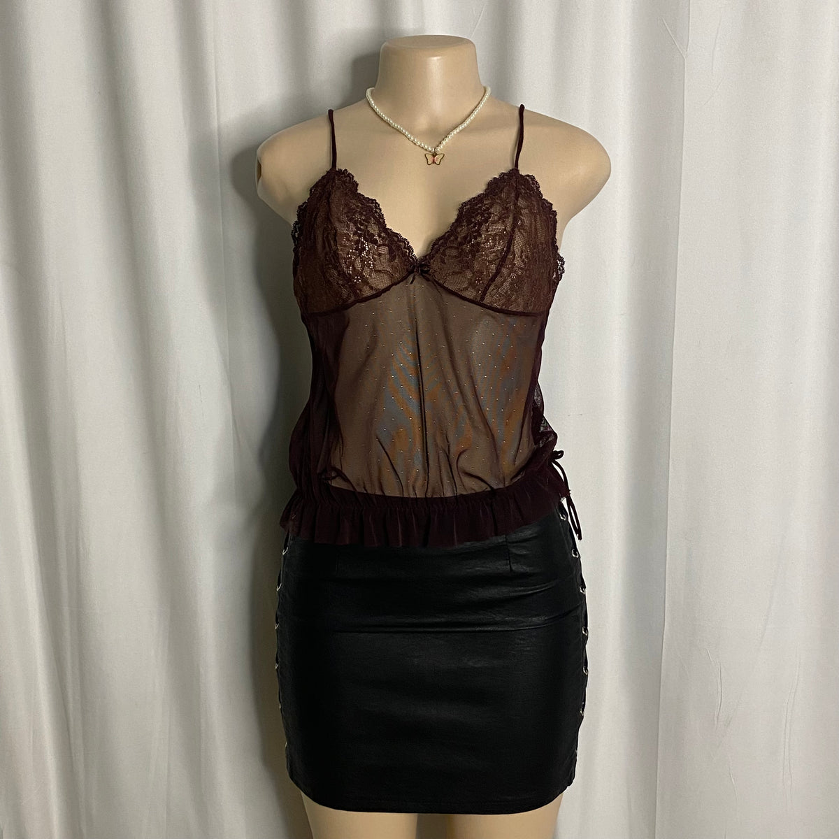 Vintage Burgundy Mesh & Lace Cami Size S