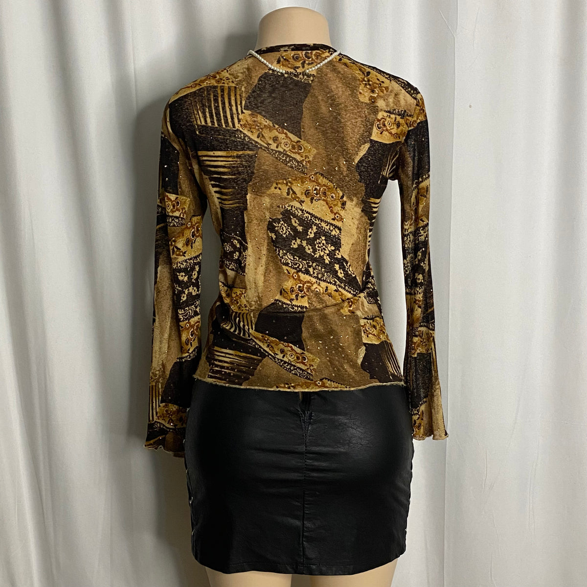 Abstract Patchwork Glitter Print Sheer Mesh Top  Size M