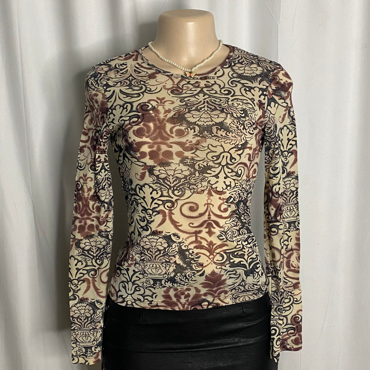 Damask Baroque Print Sheer Mesh Long-Sleeve Top Size S