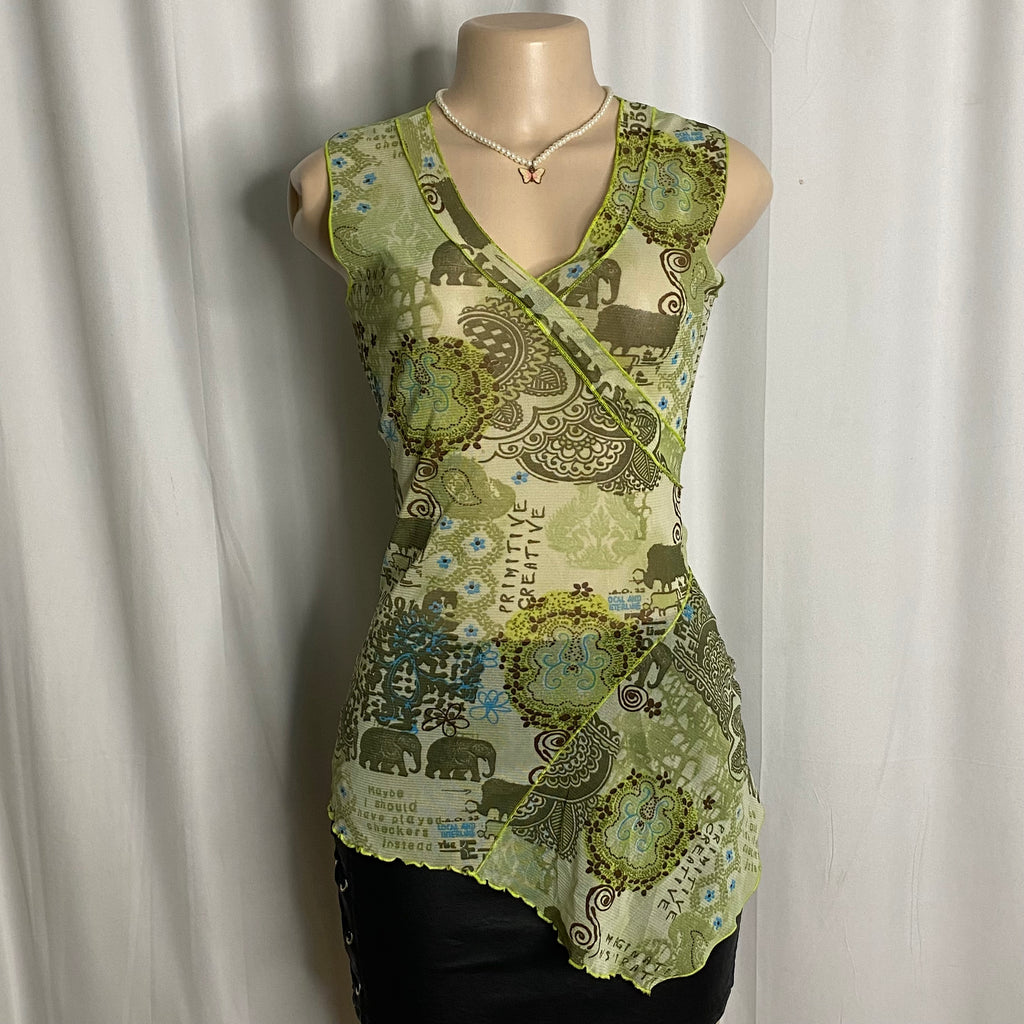 Vintage Graphic Elephant Mesh Asymmetrical Top  Size S