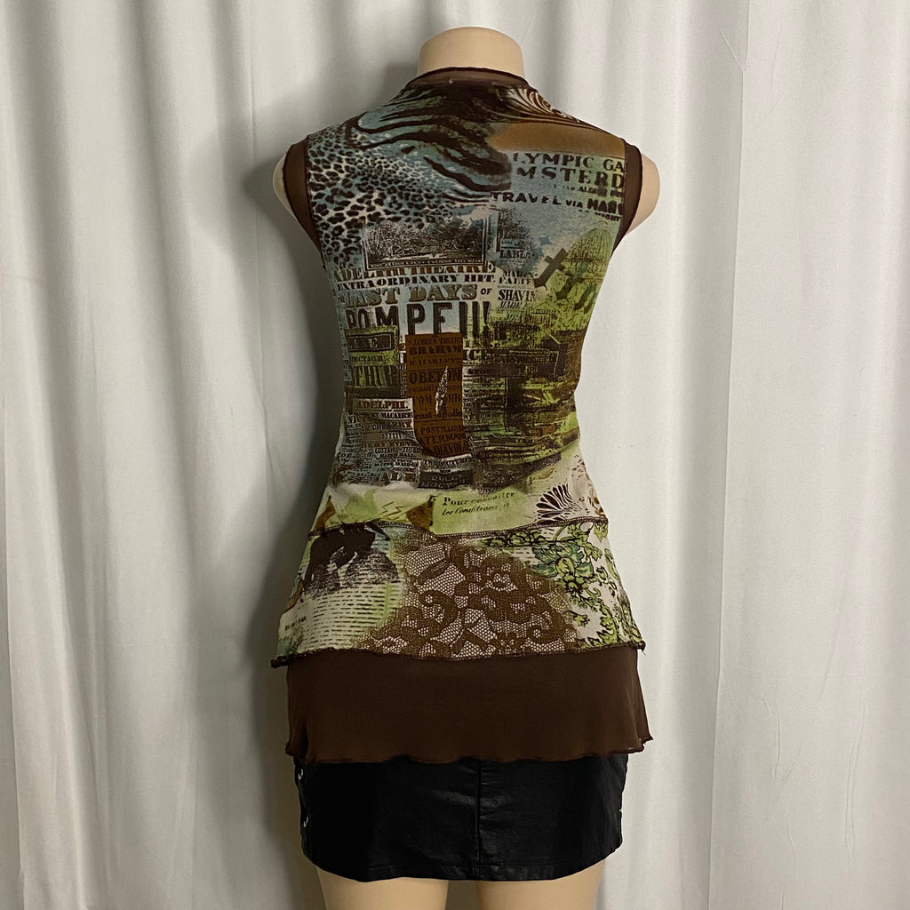 Vintage Y2K Mixed Print Asymmetric Mesh Tunic Size L