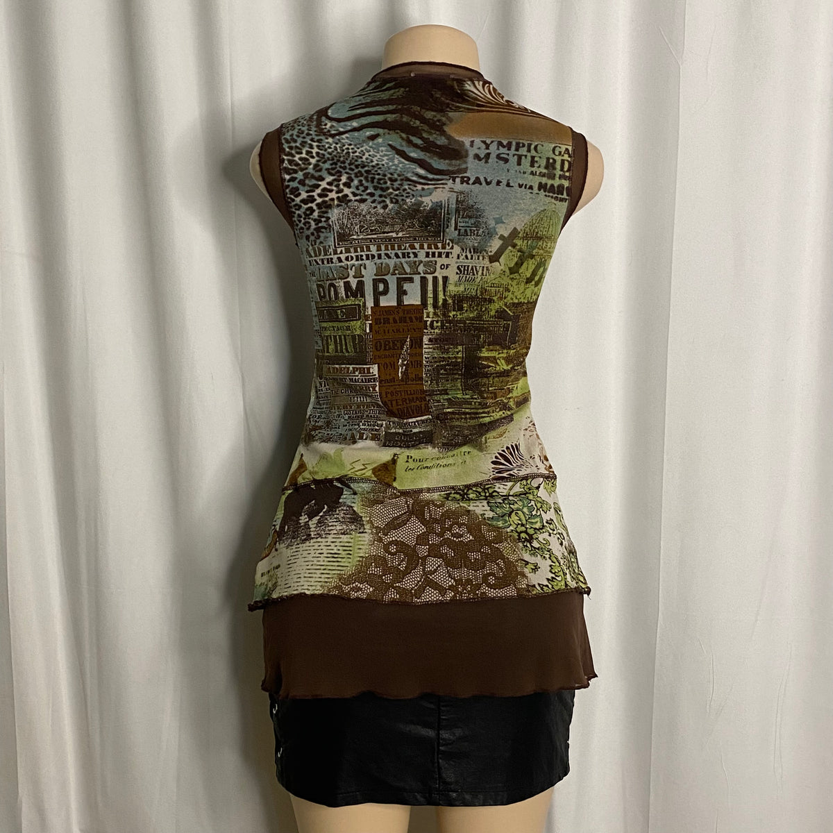 Vintage Y2K Mixed Print Asymmetric Mesh Tunic Size L