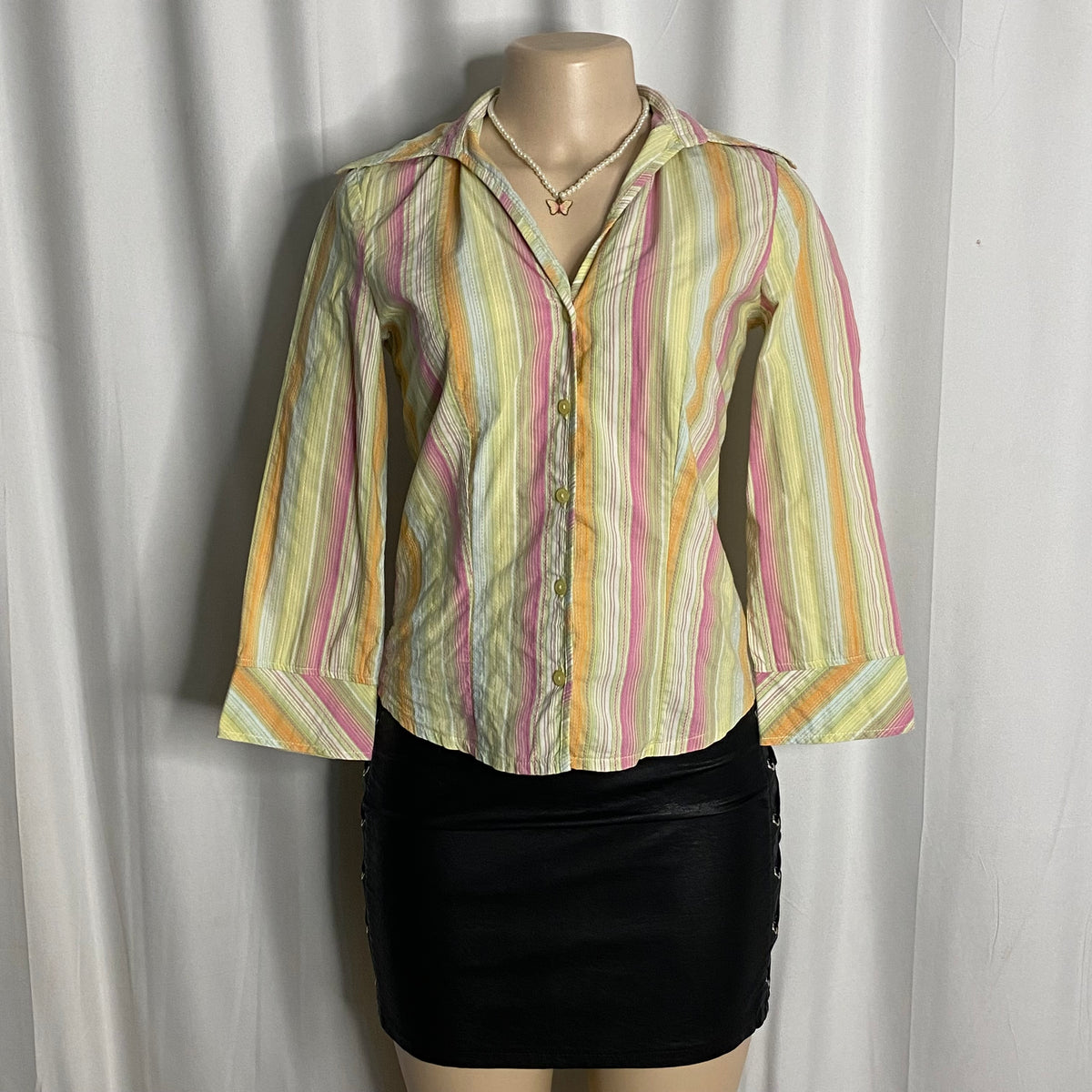 Vintage Y2K Pastel Multi-Color Striped Button-Down Blouse  Size S