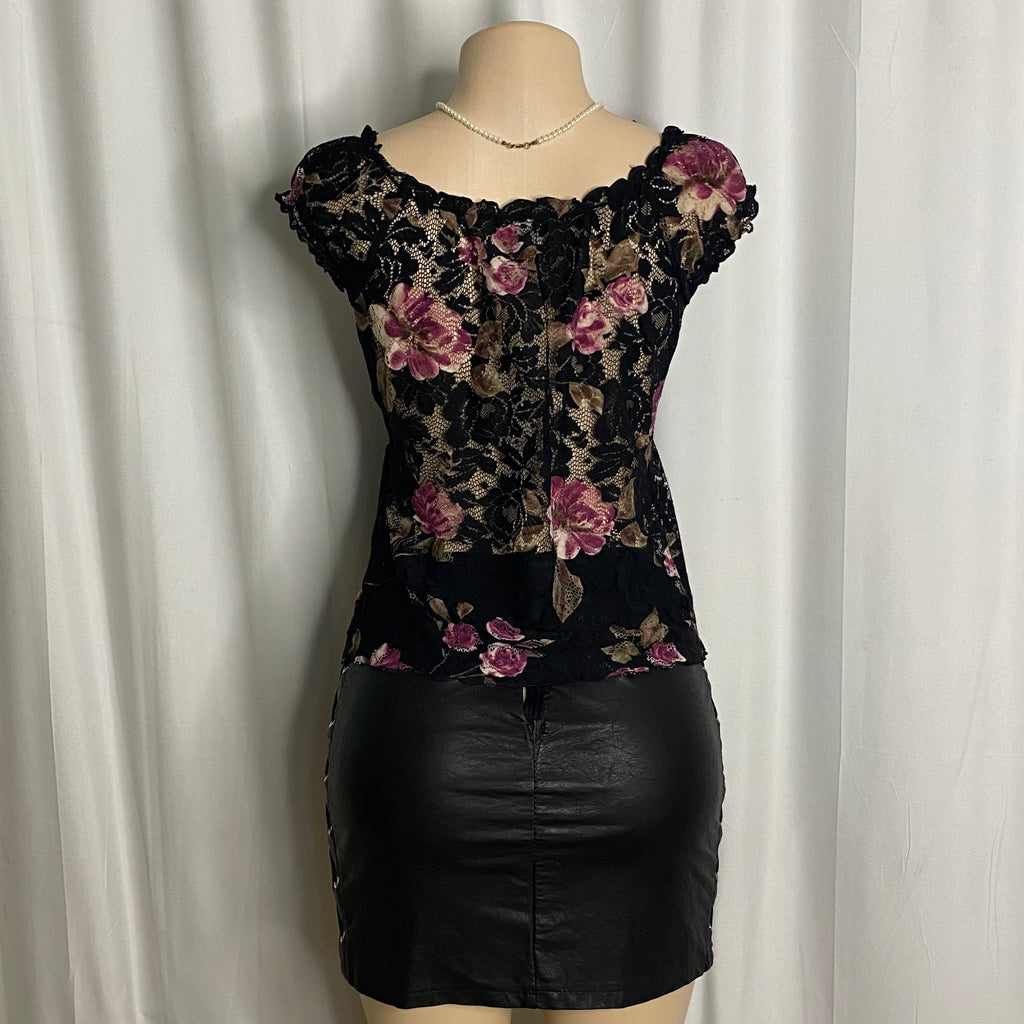 Vintage Romantic Black Lace Floral Empire Blouse  Size M