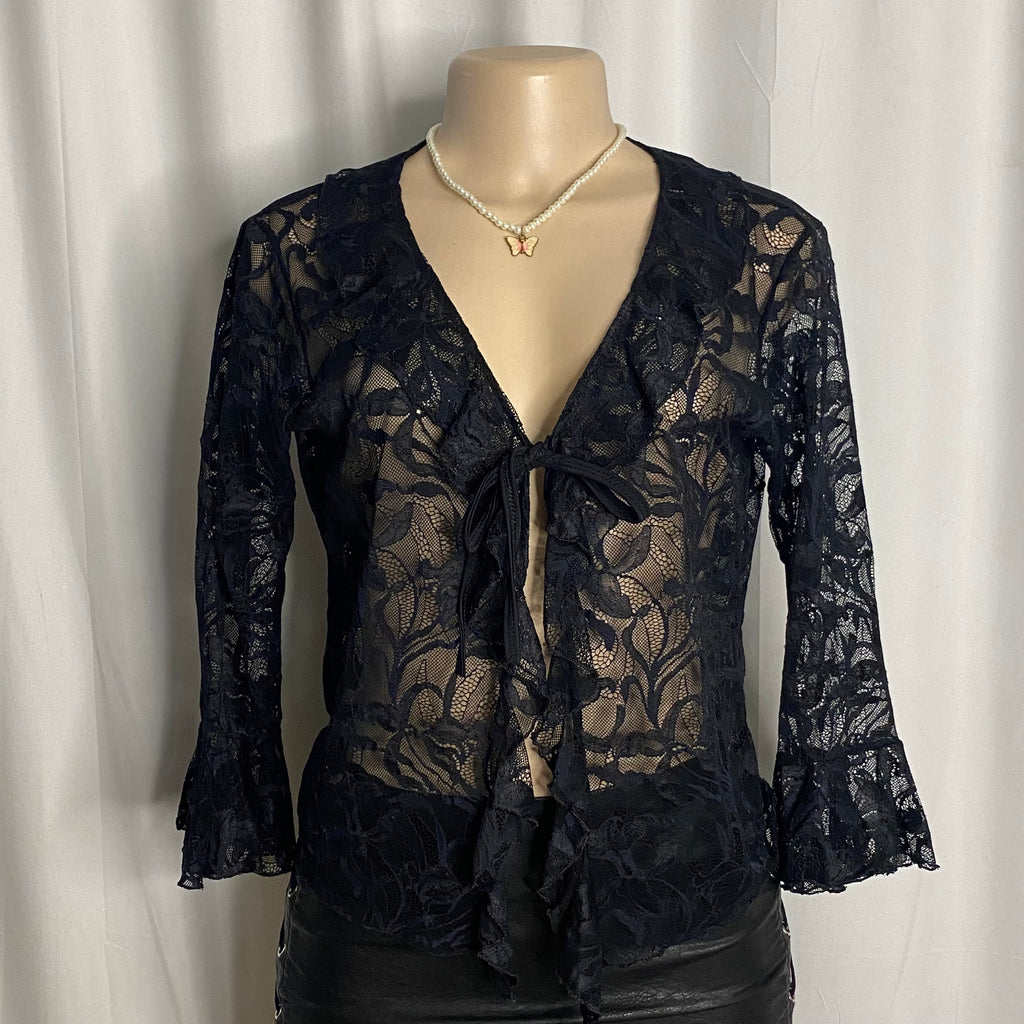 Ruffle-Trimmed Sheer Floral Lace Tie-Front Cardigan  Size S/M