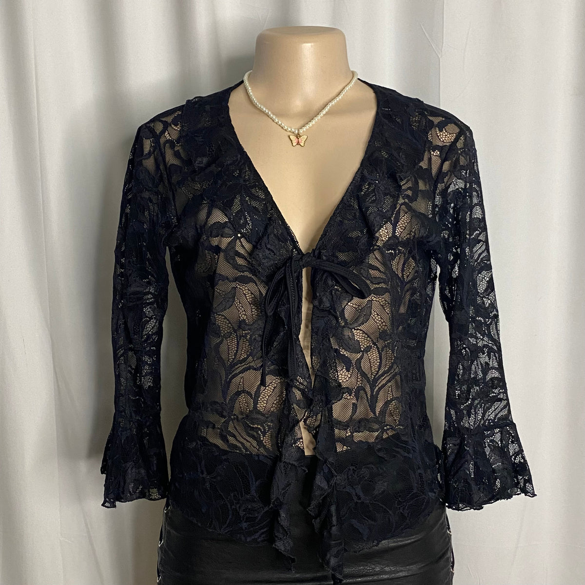 Ruffle-Trimmed Sheer Floral Lace Tie-Front Cardigan  Size S/M