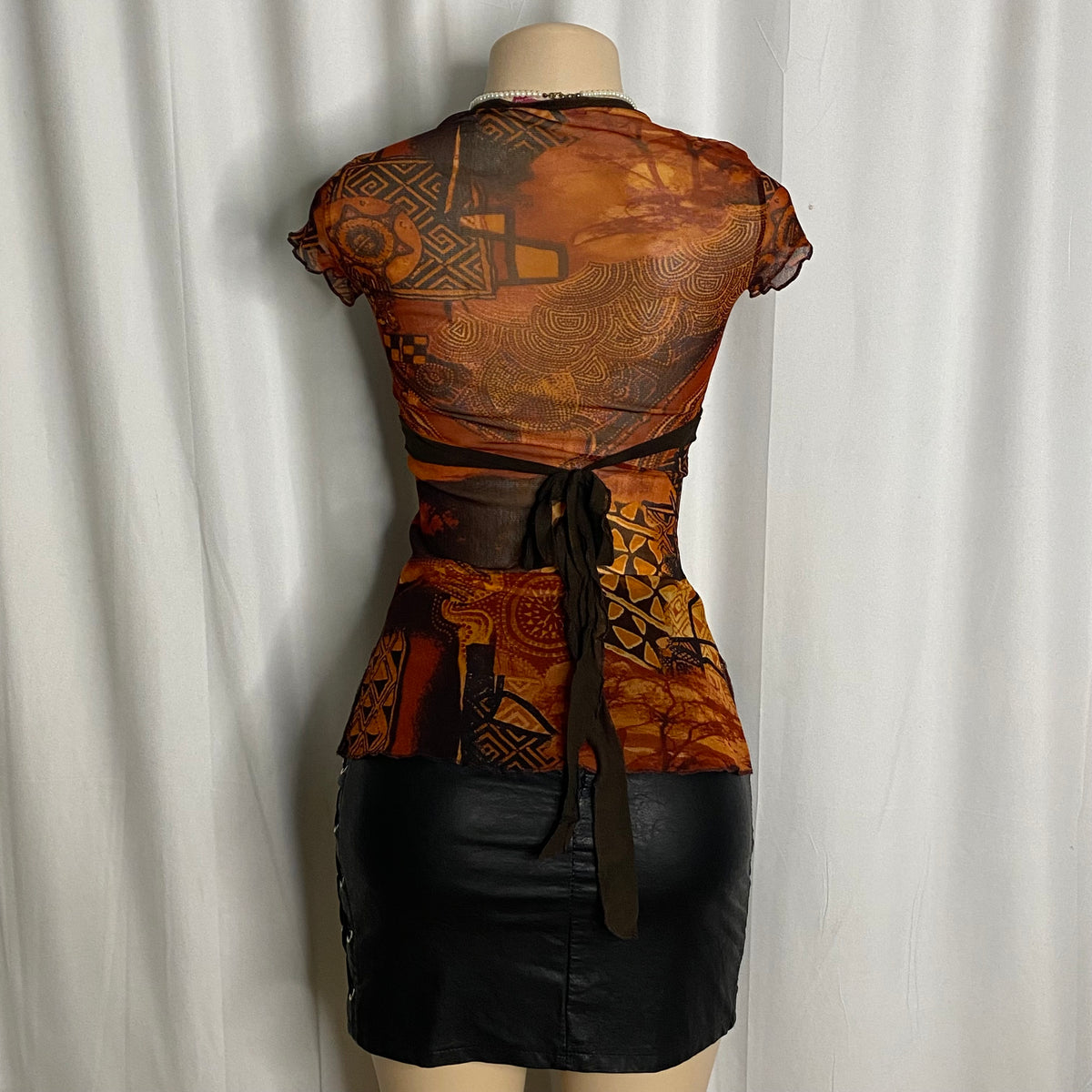 Vintage Earth-Tone Geometric Mesh Empire Waist Top Size XS/S