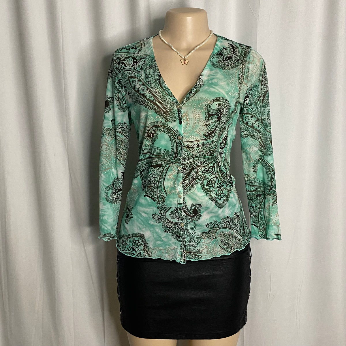 Paisley Print V-Neck Button-Up Mesh Cardigan Size M