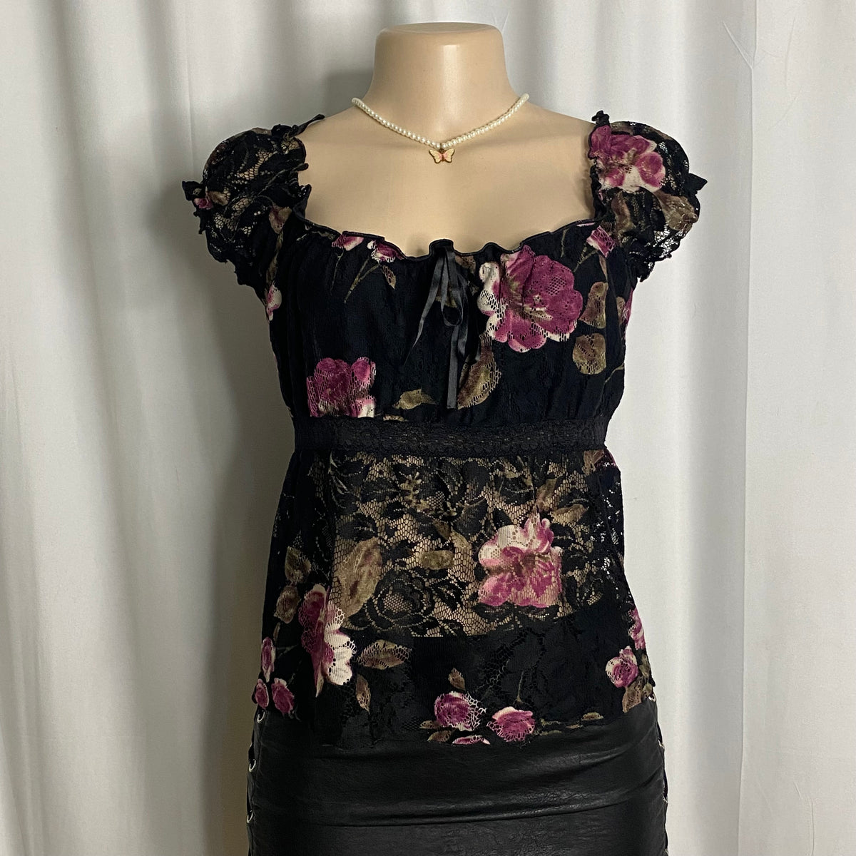 Vintage Romantic Black Lace Floral Empire Blouse  Size M