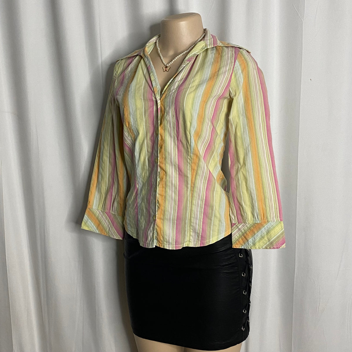 Vintage Y2K Pastel Multi-Color Striped Button-Down Blouse  Size S