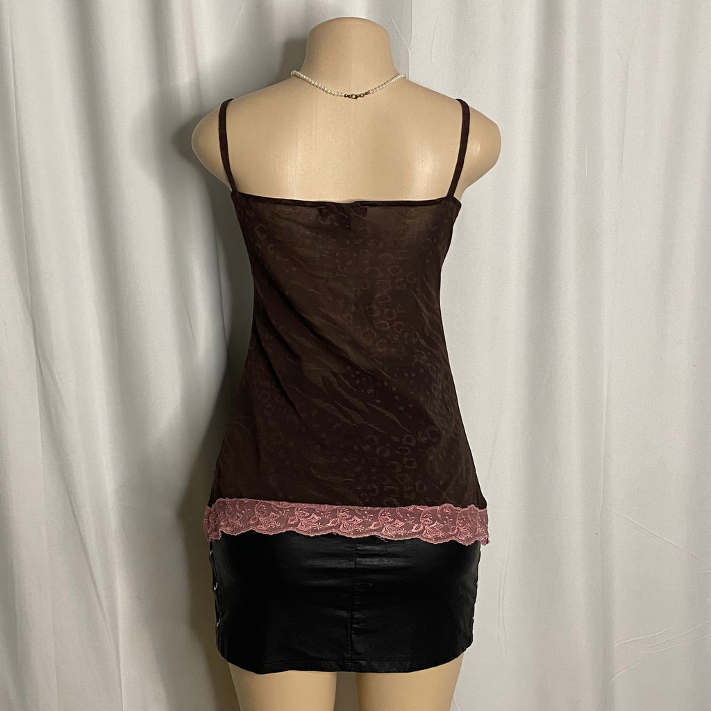Vintage Y2K Chocolate & Pink Lace Cami Size L