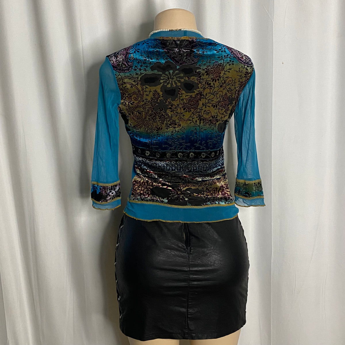 Color-Block Devoré Velvet and Mesh Patchwork Top  Size S