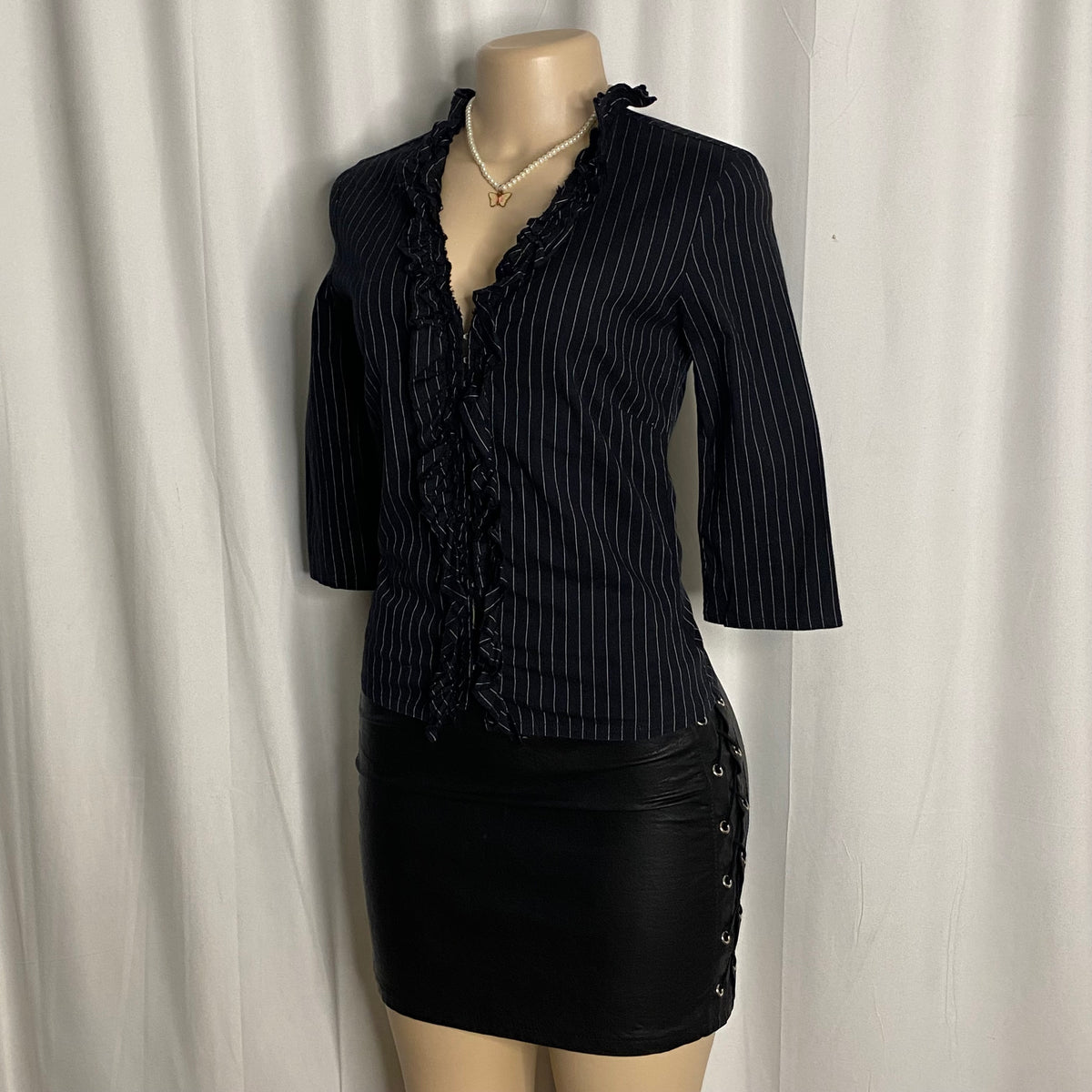 Vintage Black Pinstripe Corset-Style Ruffled Top Size S