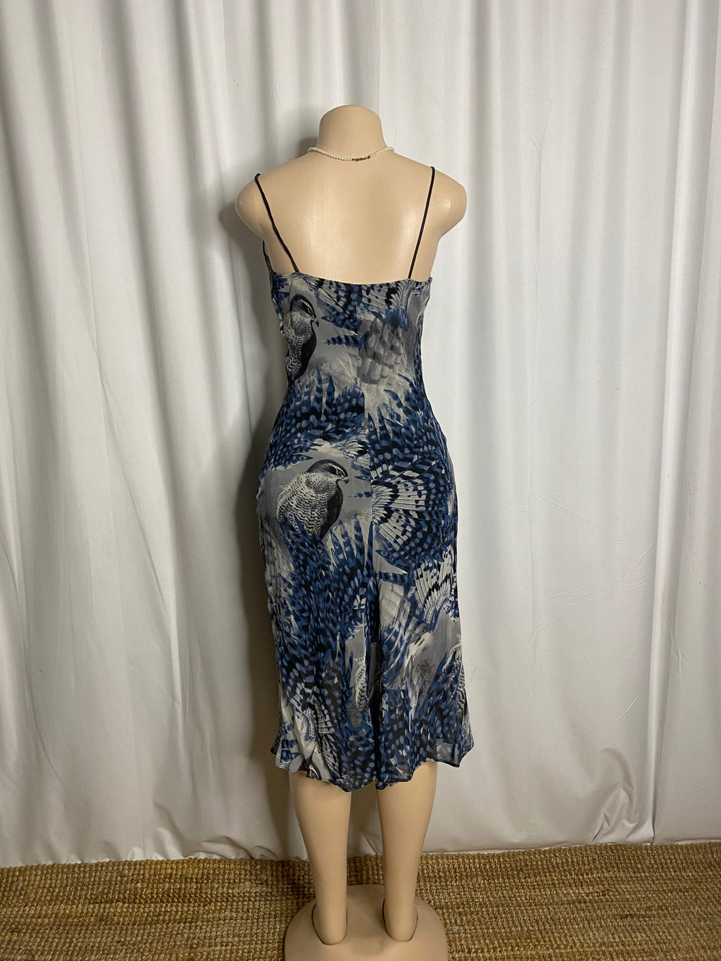 Y2K Blue Bird & Feather Graphic Mesh Slip Dress Size S