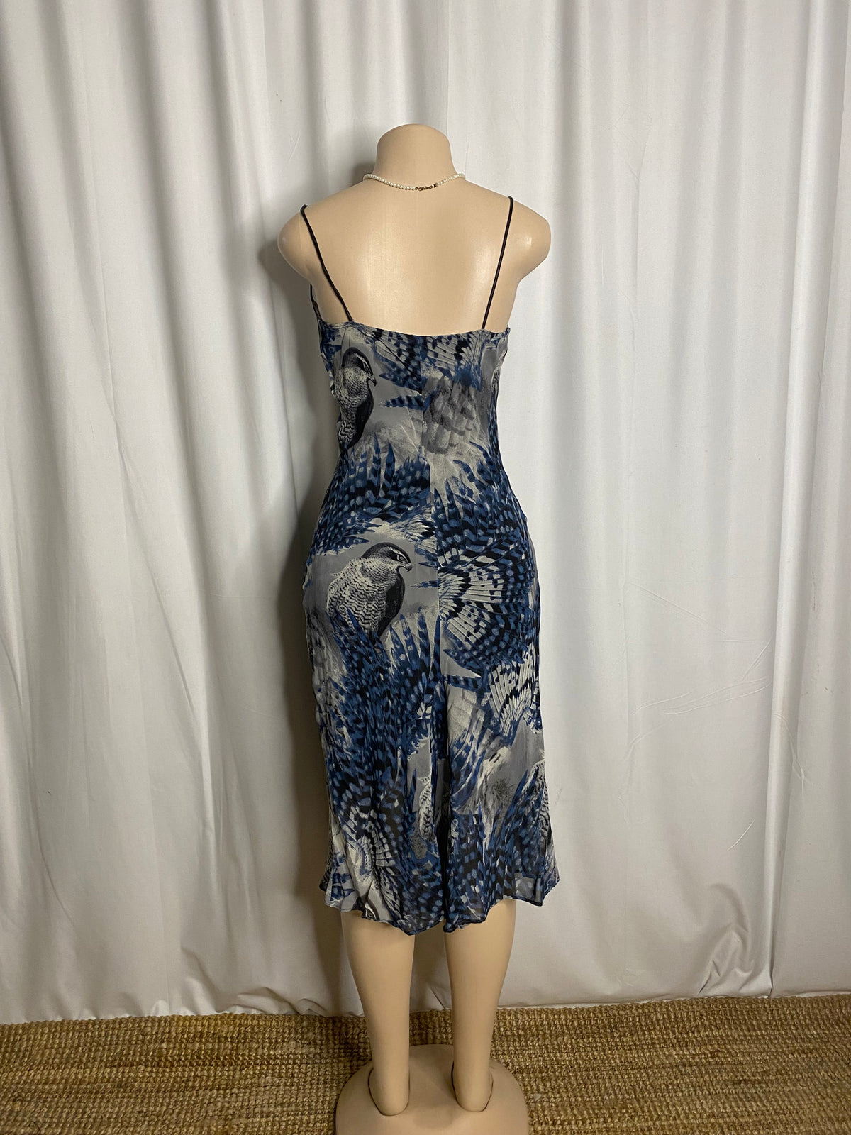 Y2K Blue Bird & Feather Graphic Mesh Slip Dress Size S