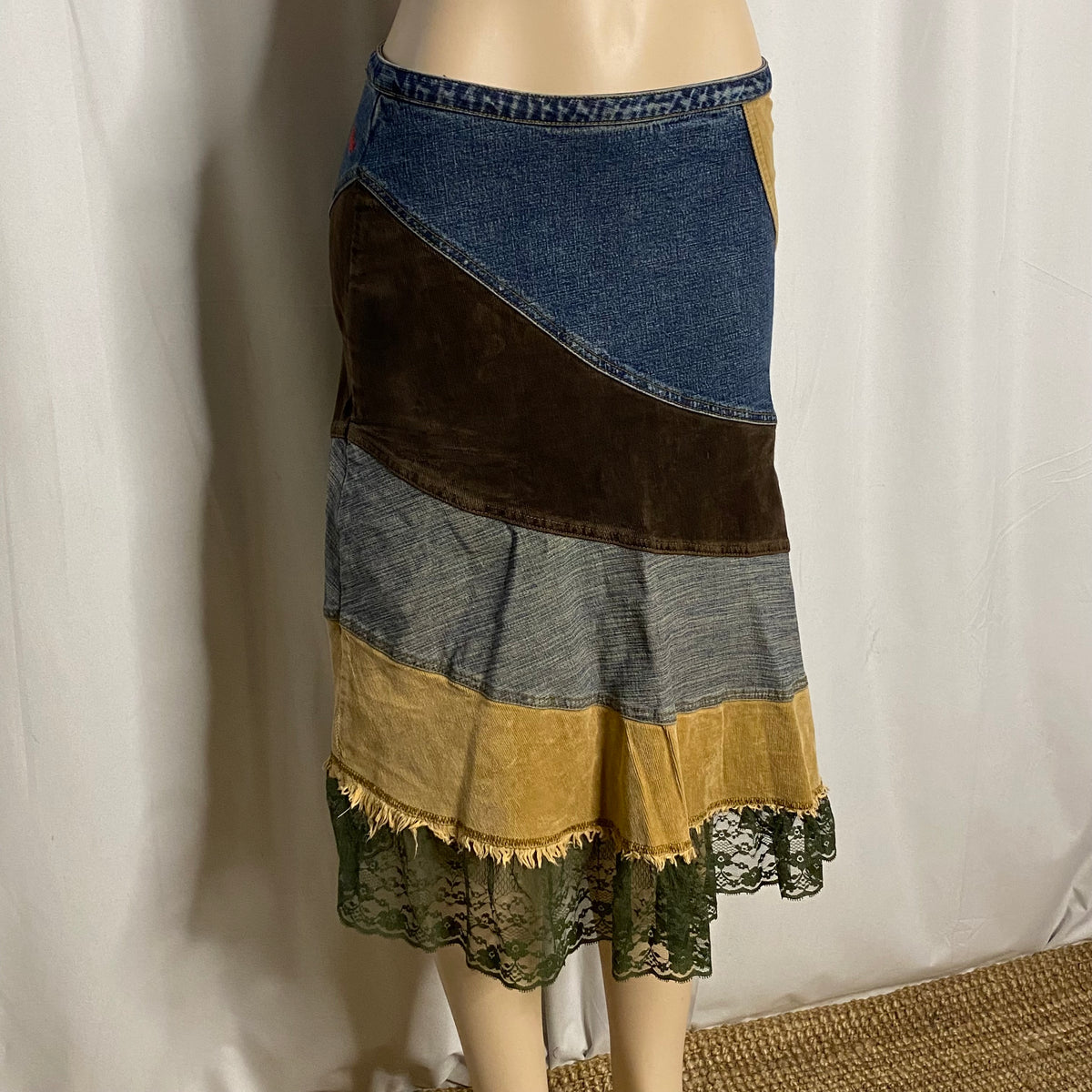 Vintage Y2K Denim & Corduroy Patchwork Midi Skirt | Olive Lace Hem Mixed Media Flounce Skirt  SizeM