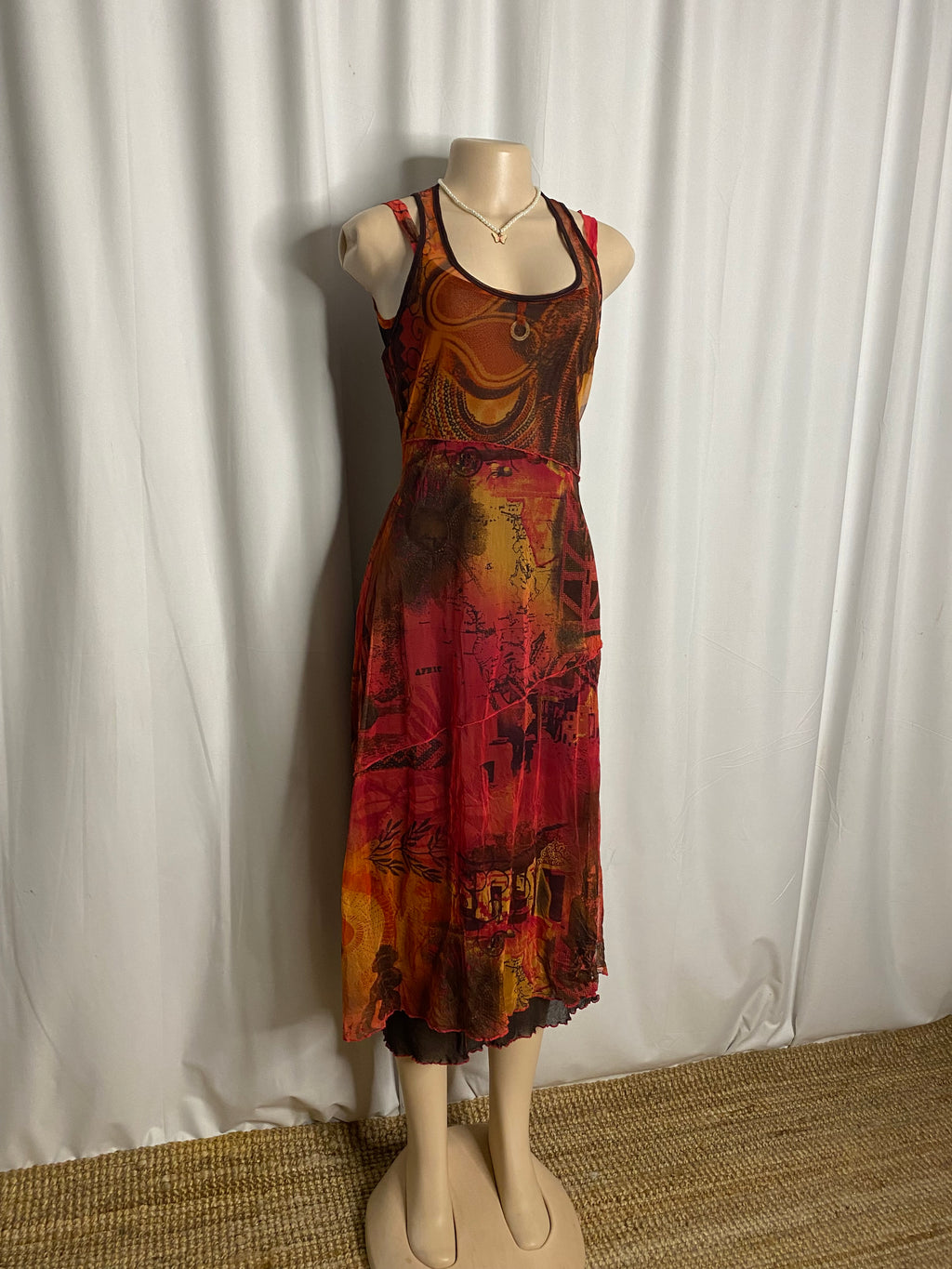 Y2K Abstract Graphic Map Print Mesh Midi Dress  Size M