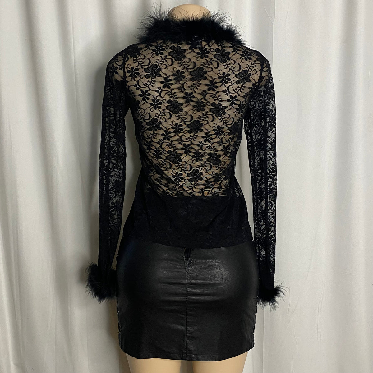 Faux Fur-Trimmed Sheer Floral Lace Cardigan  Size S