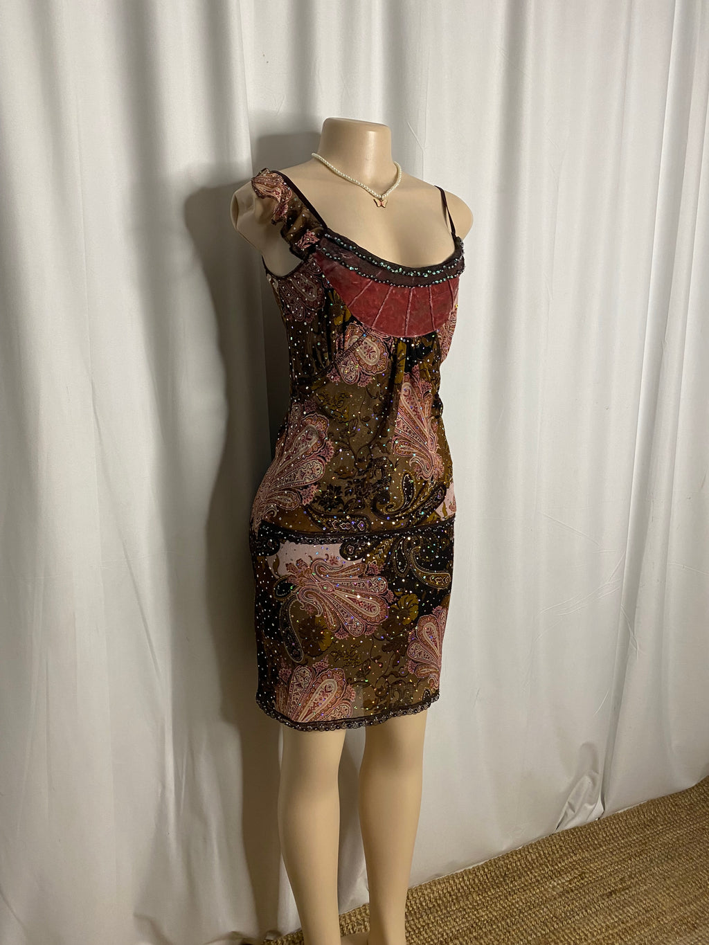Y2K Earthy Paisley Sequined Asymmetrical Mini Dress  Size S