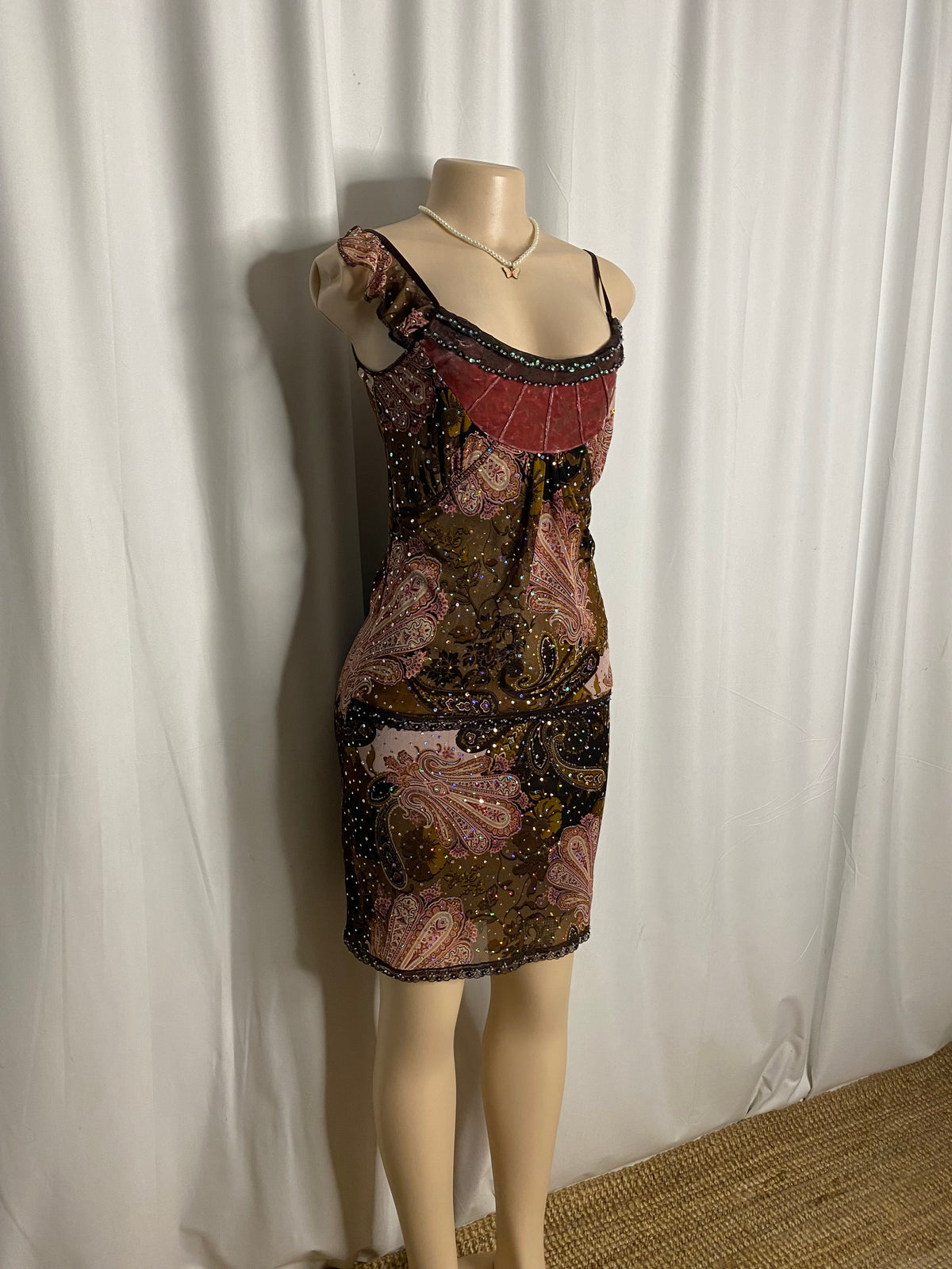Y2K Earthy Paisley Sequined Asymmetrical Mini Dress  Size S