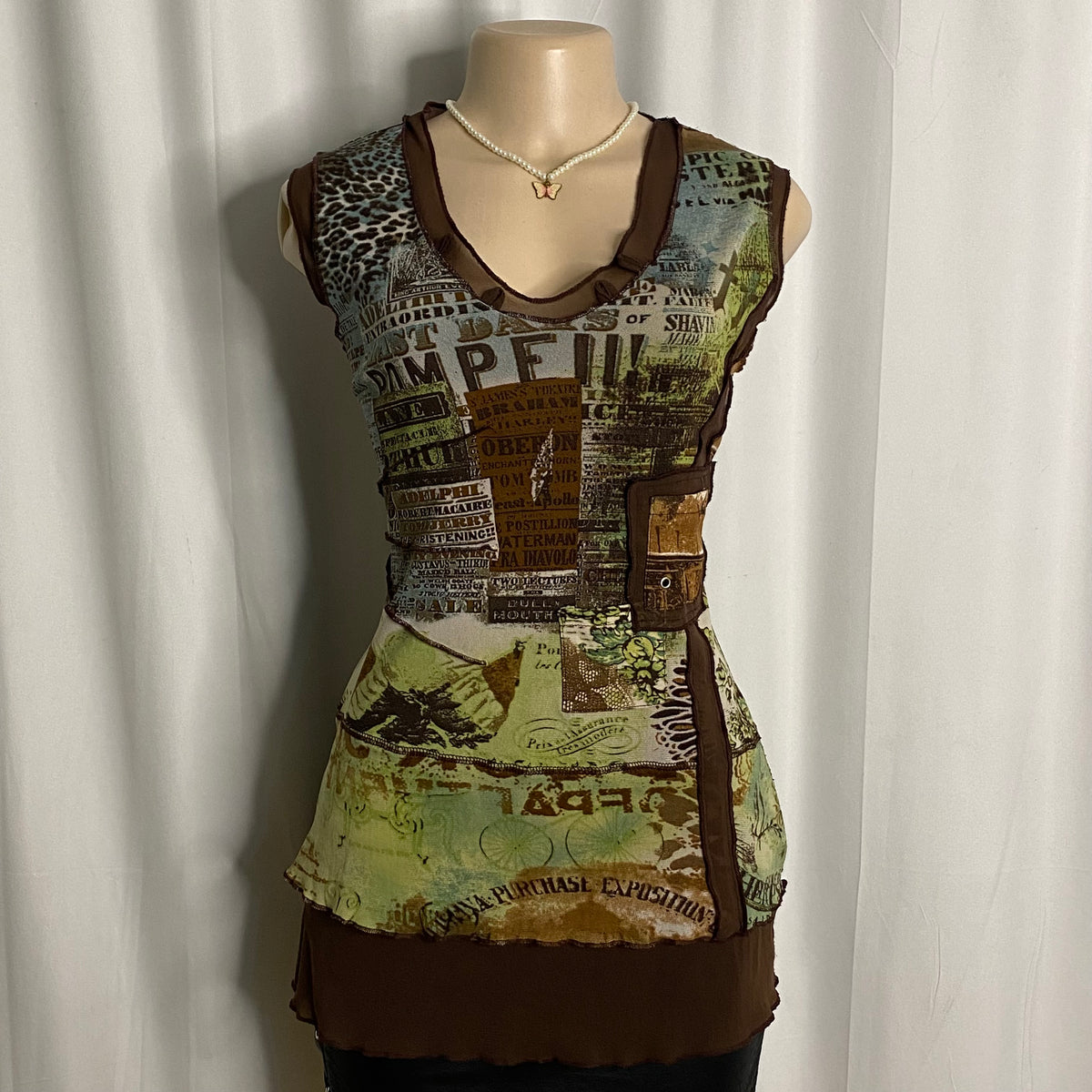 Vintage Y2K Mixed Print Asymmetric Mesh Tunic Size L