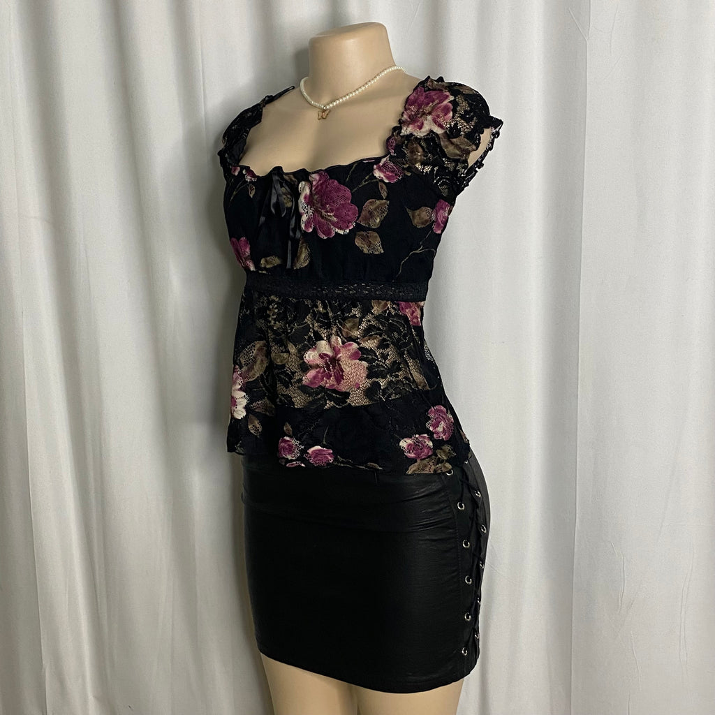 Vintage Romantic Black Lace Floral Empire Blouse  Size M