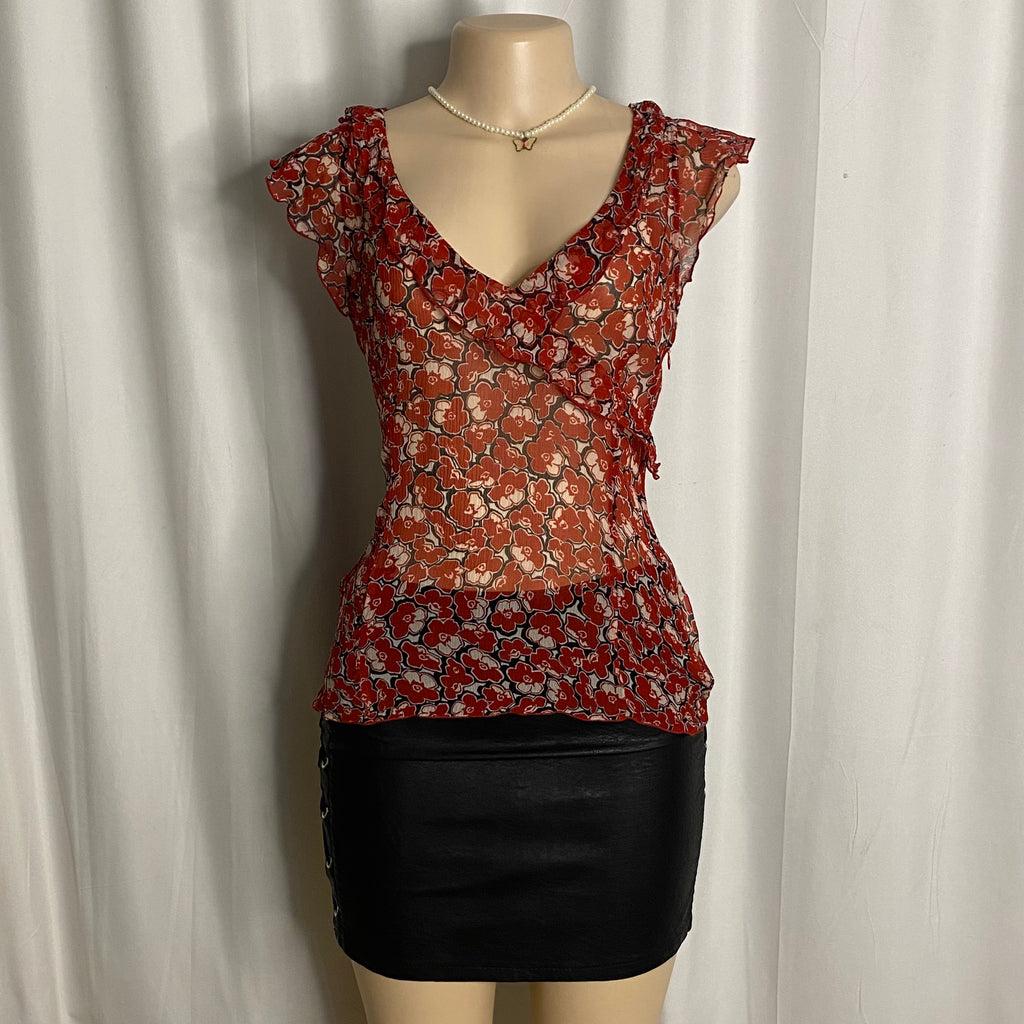 Vintage Red Floral Chiffon Ruffle Wrap Top Size M