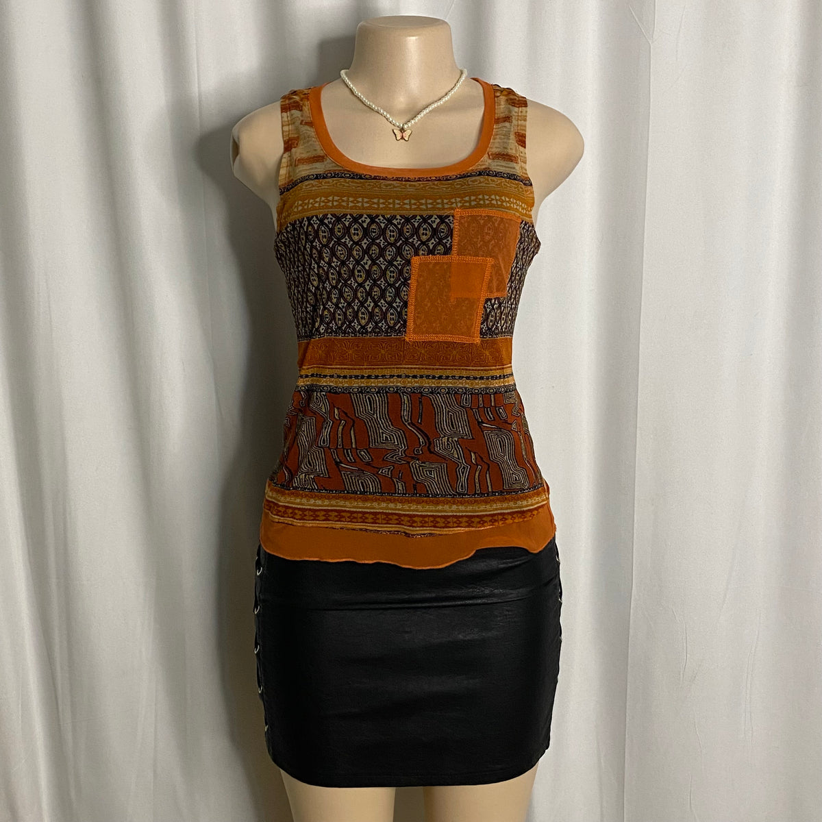 Vintage Earth-Tone Geometric Patchwork Mesh Tank  Size M