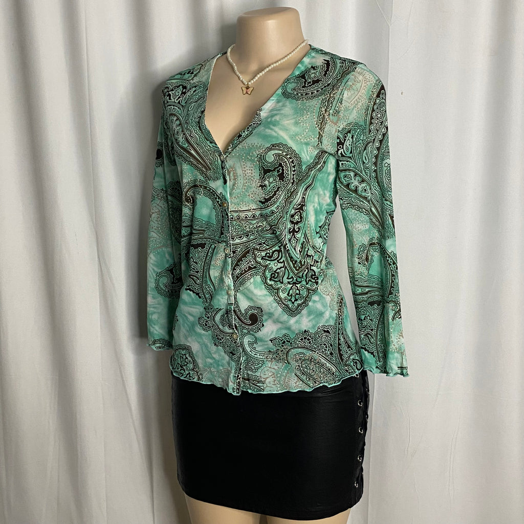Paisley Print V-Neck Button-Up Mesh Cardigan Size M