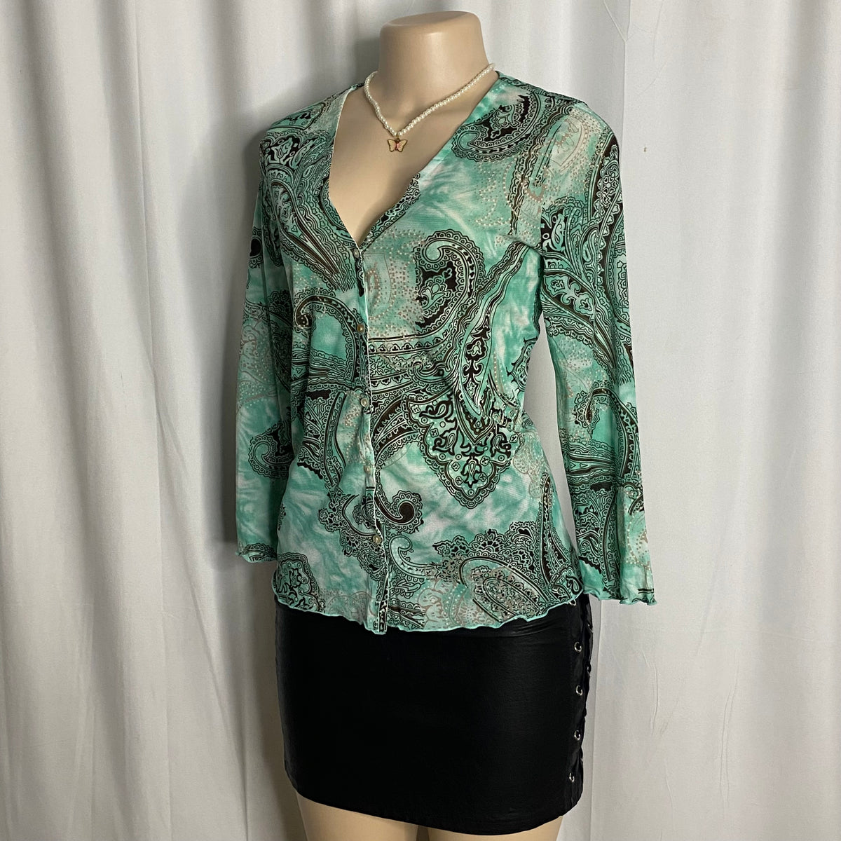 Paisley Print V-Neck Button-Up Mesh Cardigan Size M