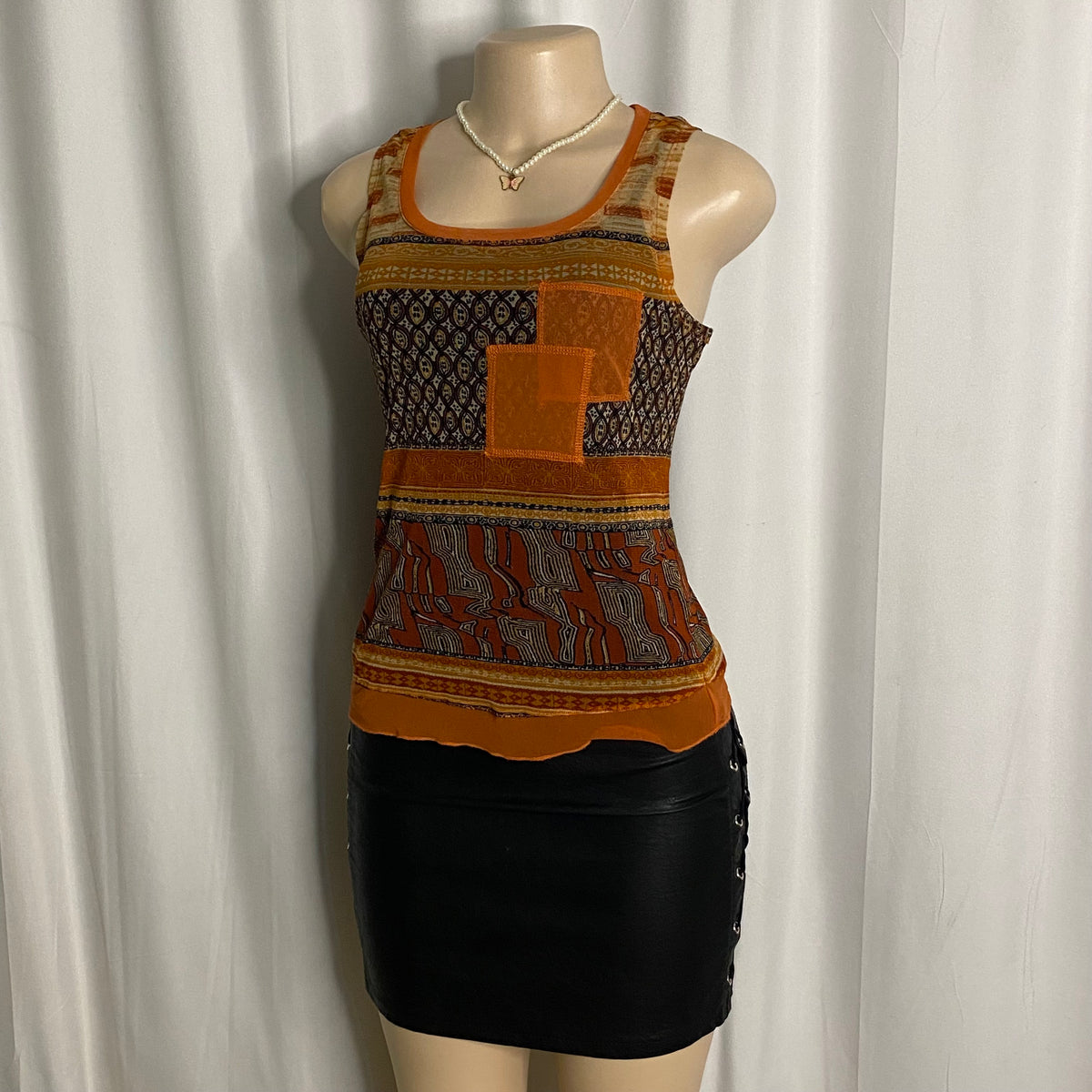 Vintage Earth-Tone Geometric Patchwork Mesh Tank  Size M