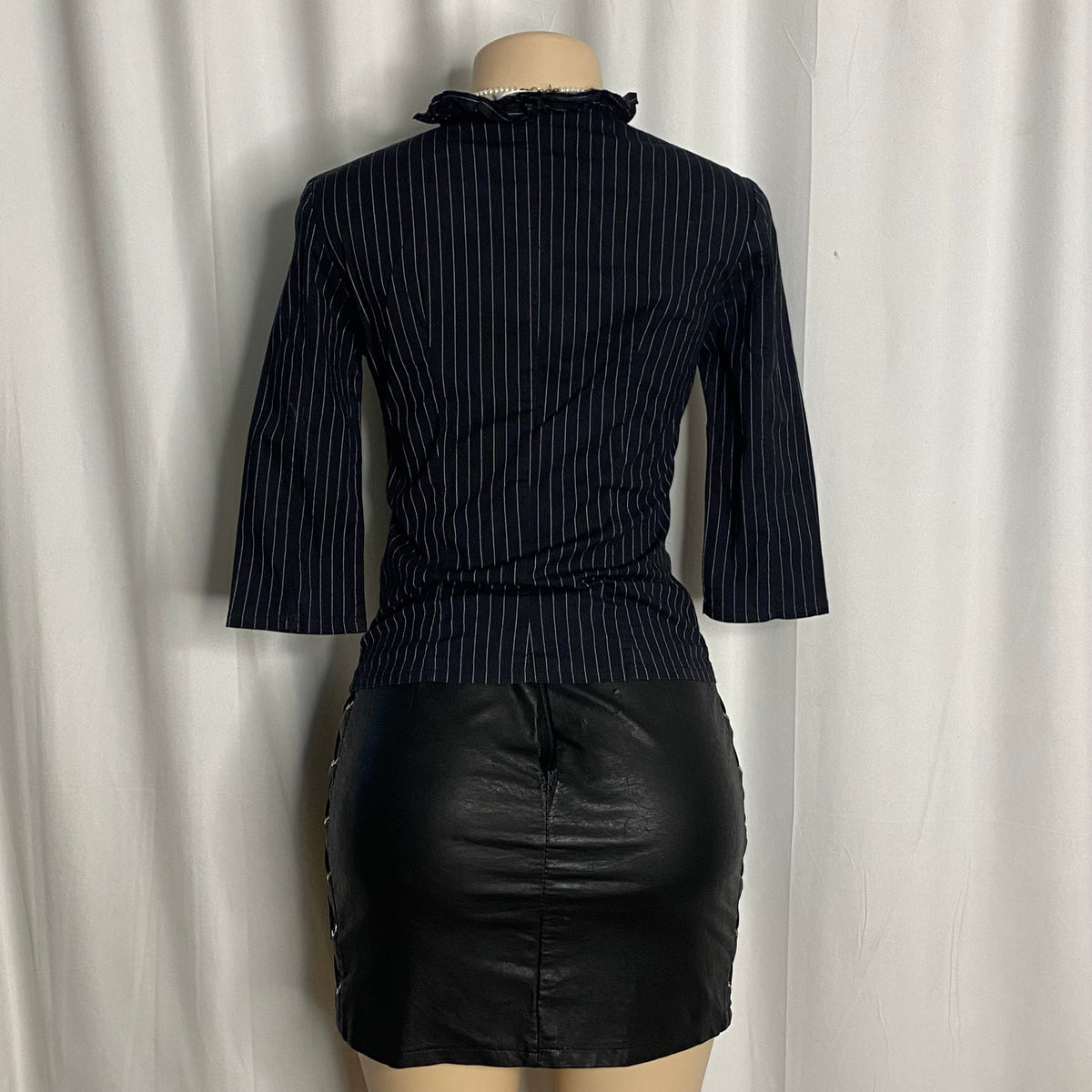 Vintage Black Pinstripe Corset-Style Ruffled Top Size S