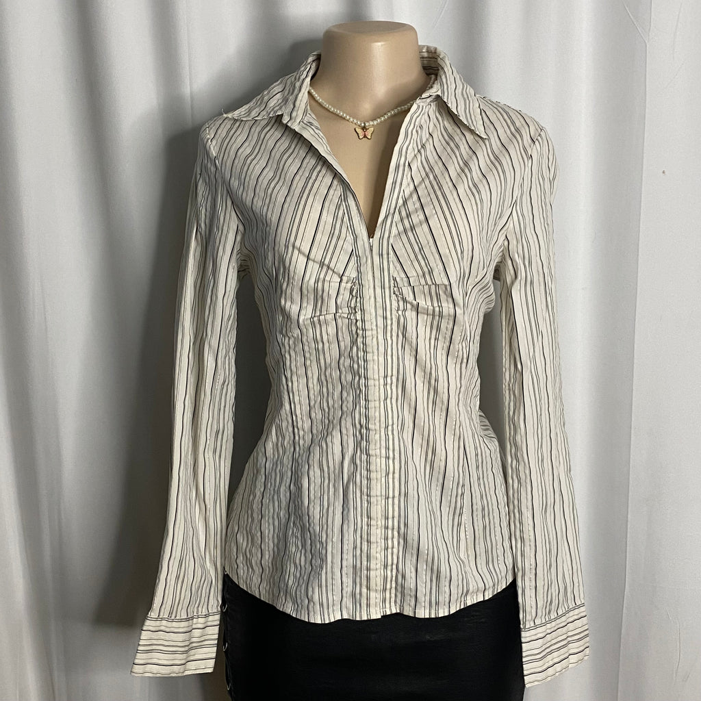 Y2K Striped Fitted Blouse with Ruching  Size L