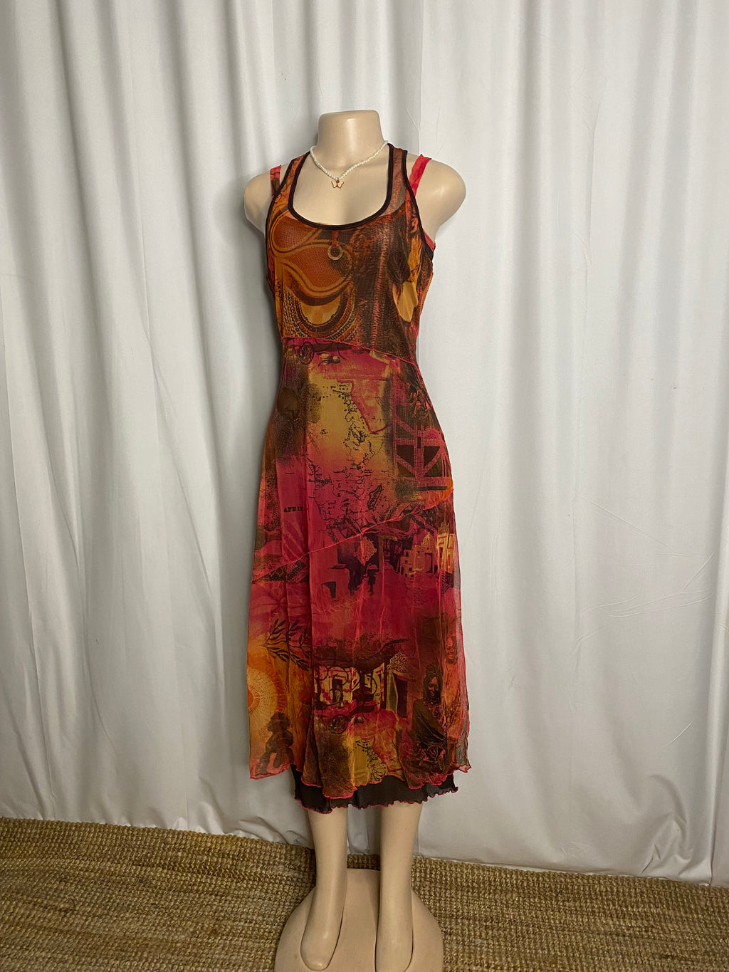 Y2K Abstract Graphic Map Print Mesh Midi Dress  Size M