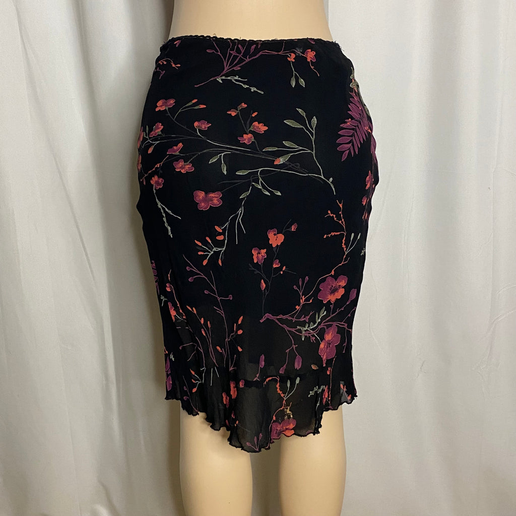 Y2K Black Pink Floral Print Mesh Overlay Knee-Length Skirt Size XS/S
