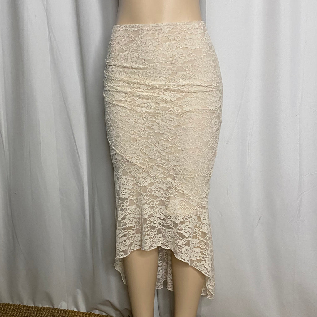 Vintage Cream Floral Lace Asymmetric Midi Skirt Size S