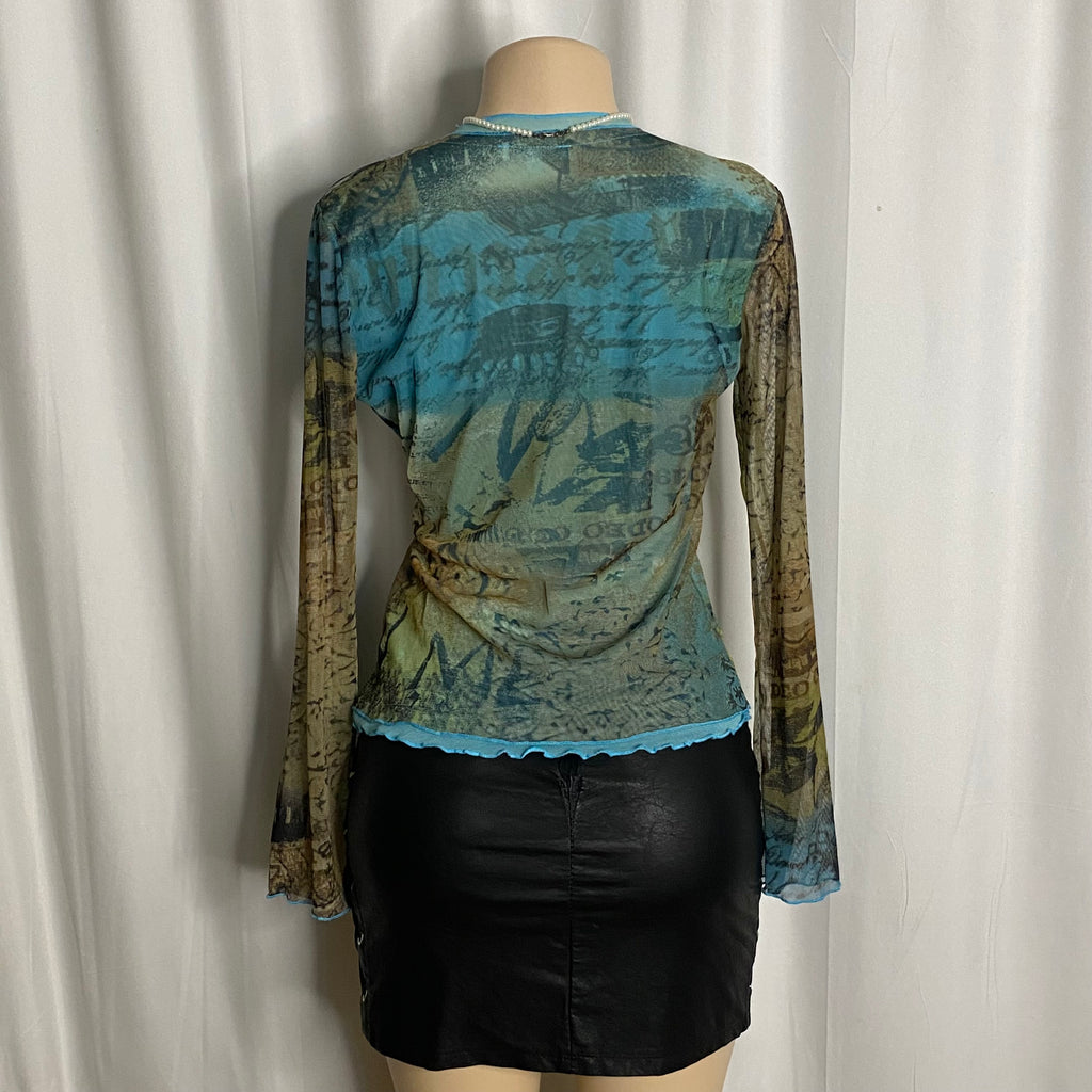Abstract Paisley Mesh Bell-Sleeve V-Neck Top Size L