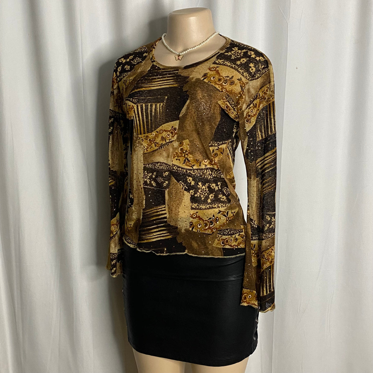 Abstract Patchwork Glitter Print Sheer Mesh Top  Size M