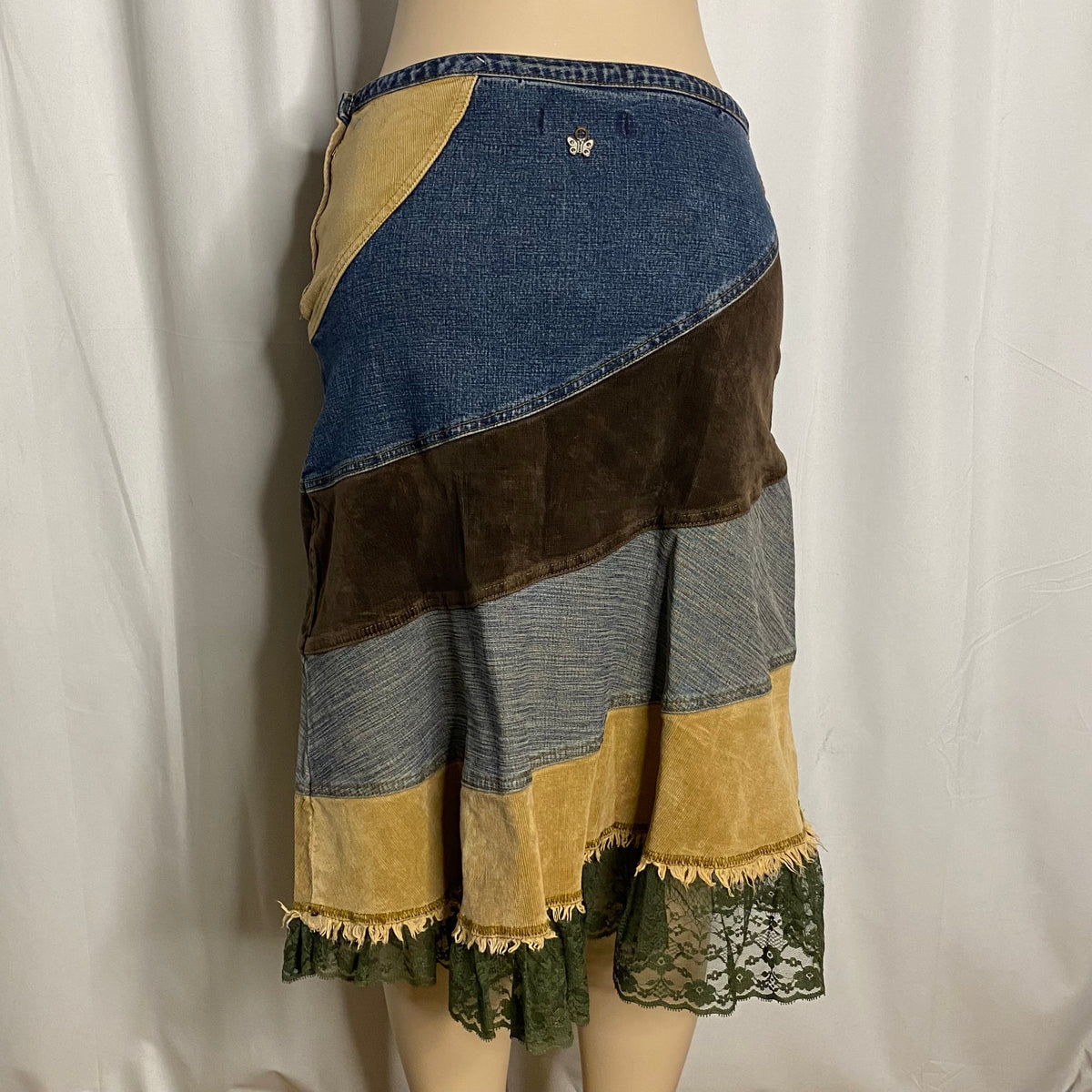 Vintage Y2K Denim & Corduroy Patchwork Midi Skirt | Olive Lace Hem Mixed Media Flounce Skirt  SizeM