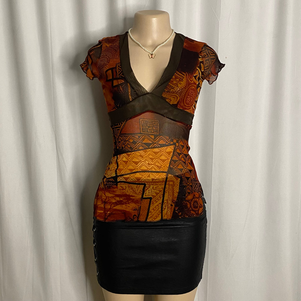 Vintage Earth-Tone Geometric Mesh Empire Waist Top Size XS/S