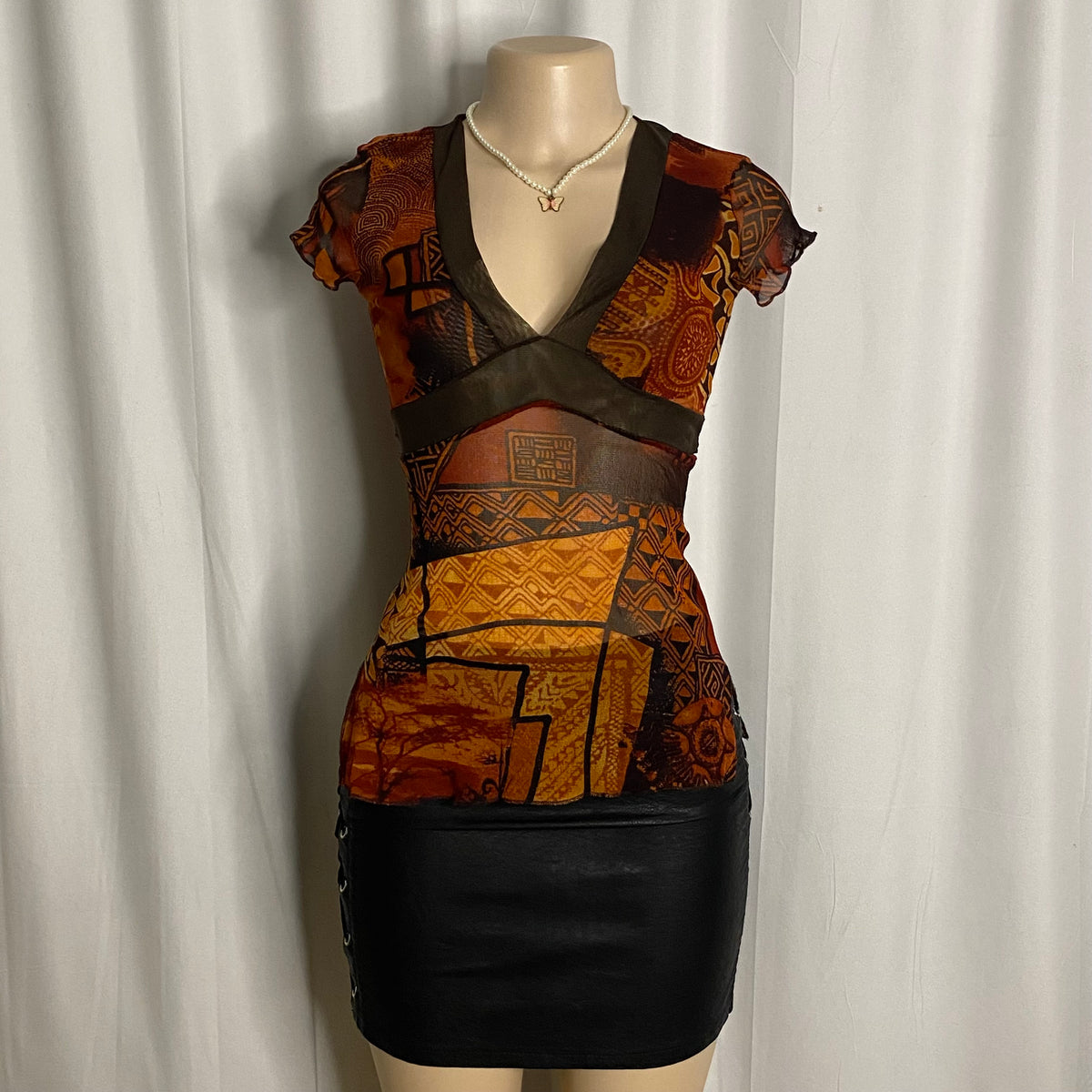 Vintage Earth-Tone Geometric Mesh Empire Waist Top Size XS/S