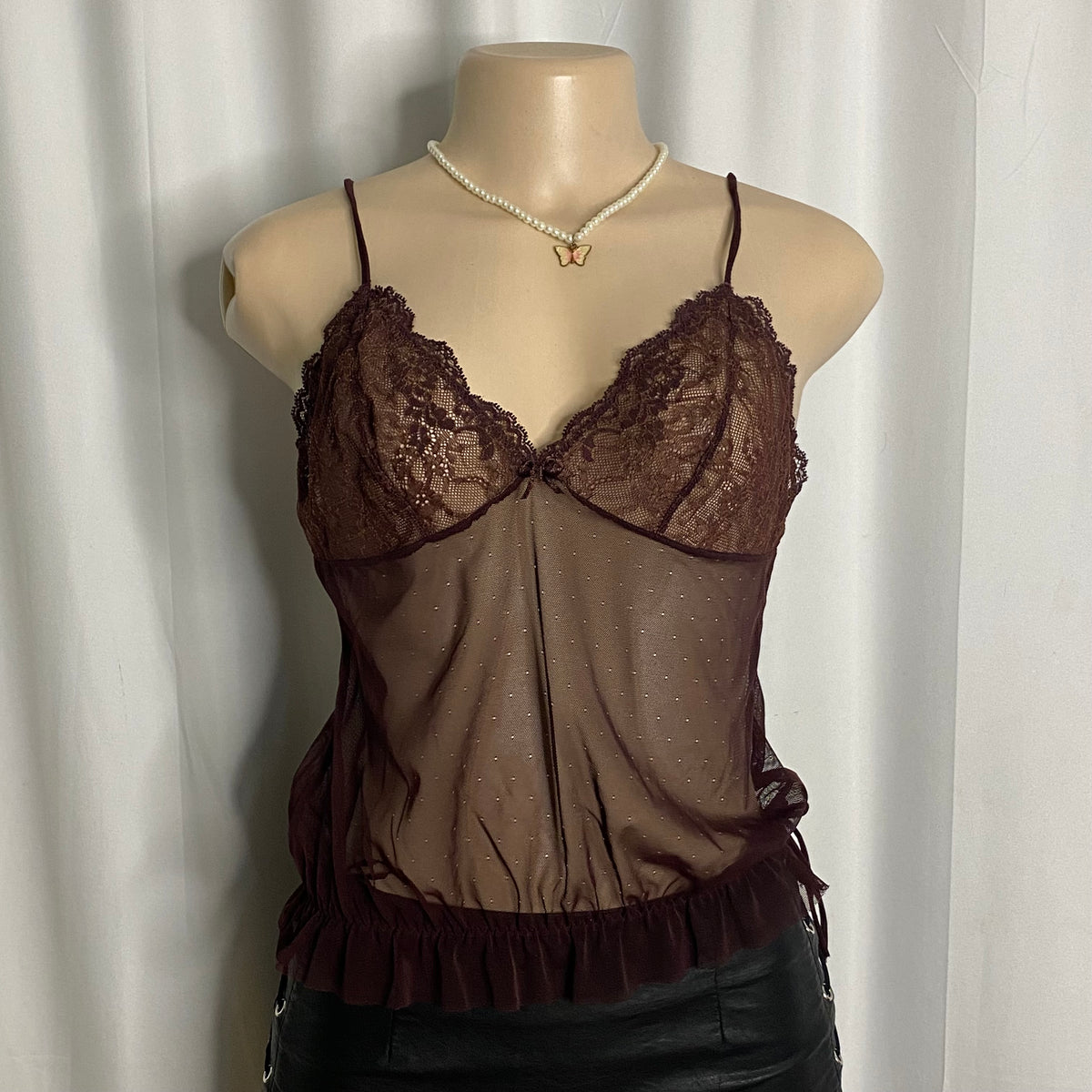 Vintage Burgundy Mesh & Lace Cami Size S